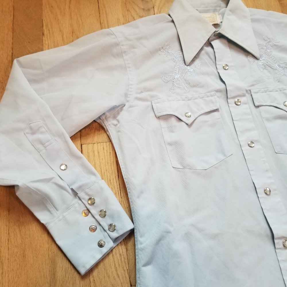 Vintage 70's Western Cowboy Pastel Blue Pearl Snap Men's Button Up Shirt - Picture 4 of 10